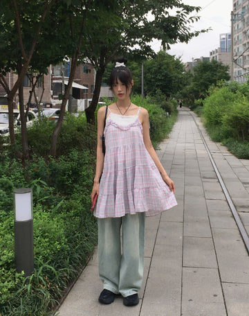 Aco frill checkered tiered mini sleeveless one piece